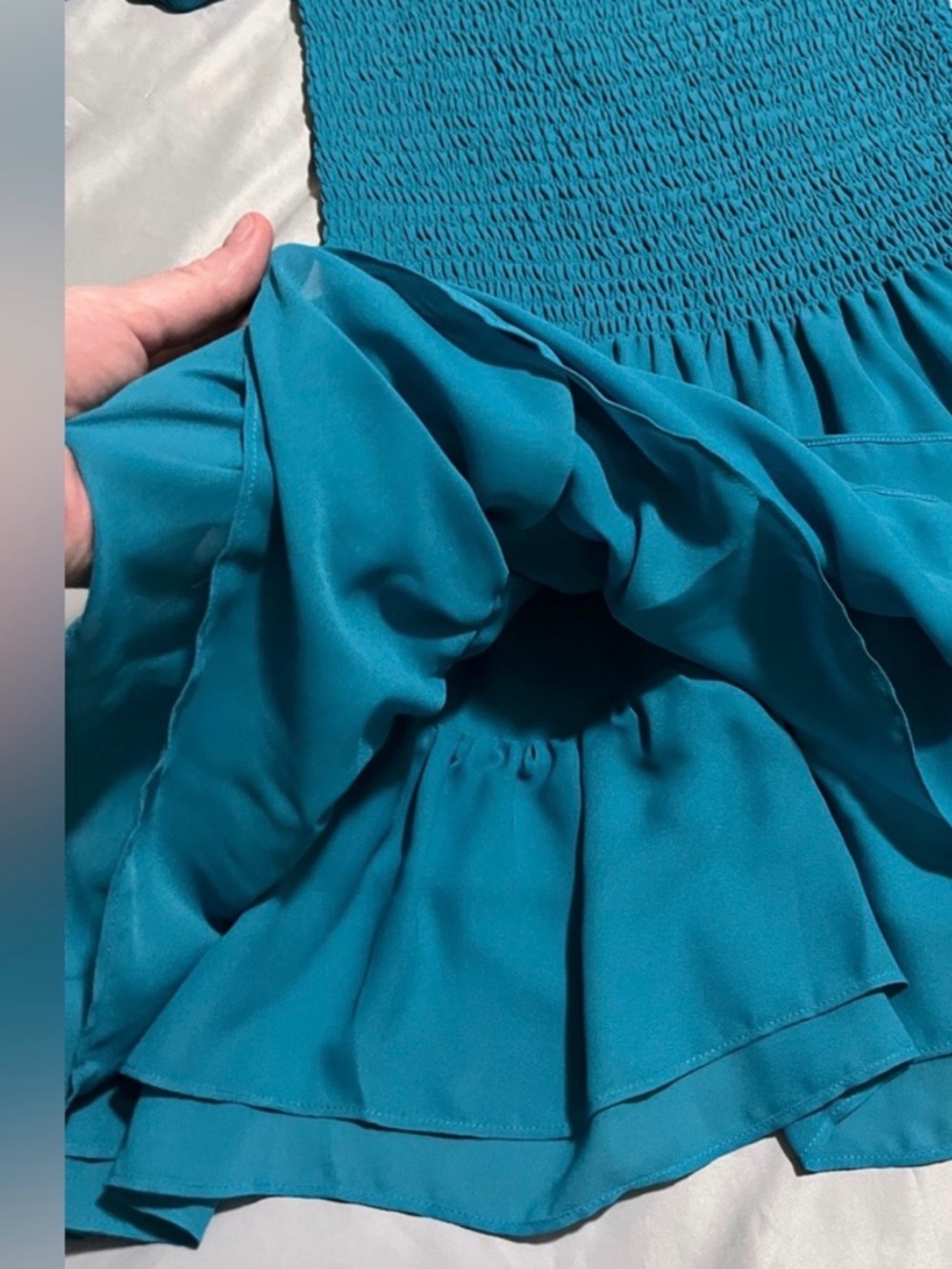 Parker Silk Smocked Mini Dress Teal Puff Sleeve Ruffle S Small NWOT - Picture 7 of 8